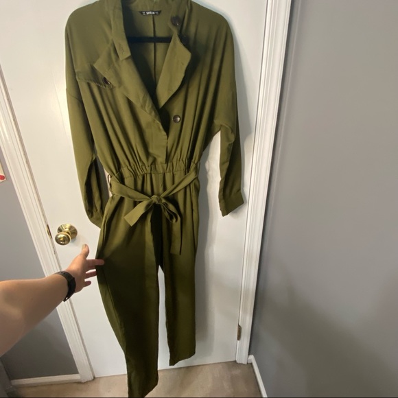 Drop Shoulder Asymmetrical Button Front Belted Jumpsuit - Picture 7 of 14